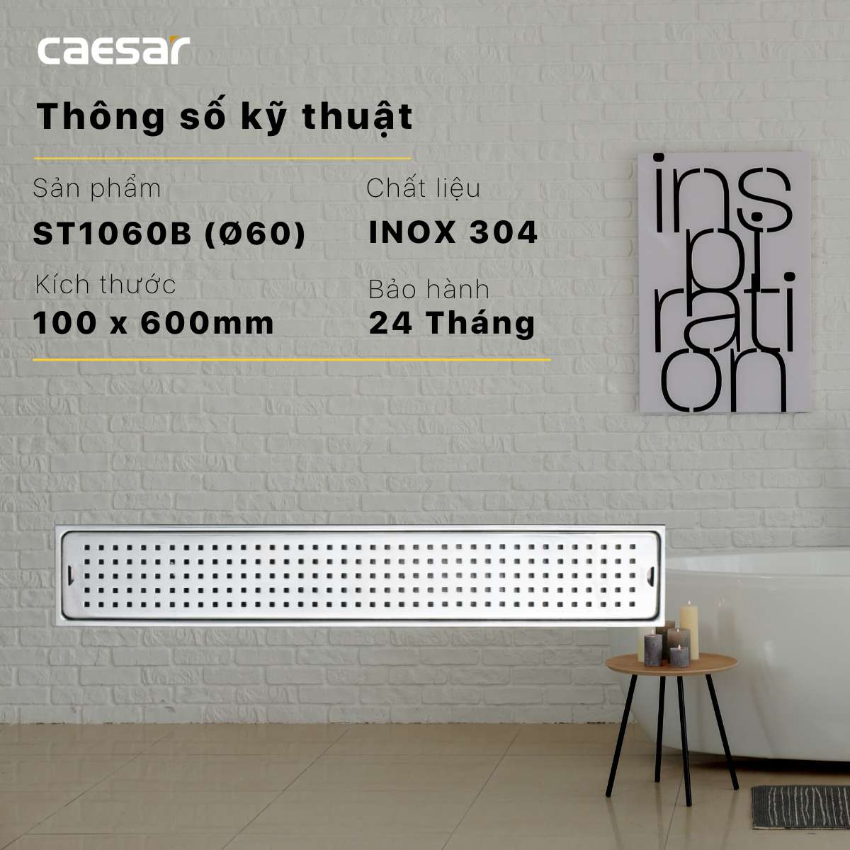 Phễu thoát sàn dài 10x60cm ø60 Caesar ST1060B