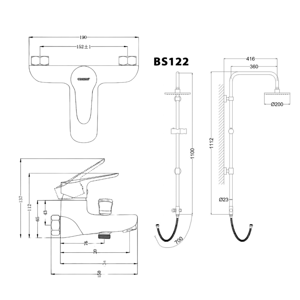 Bộ sen cây tắm đứng nóng lạnh Caesar BS122+S123C