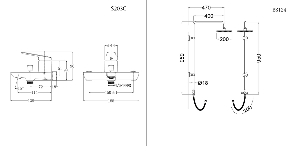 Bộ sen cây tắm đứng nóng lạnh Caesar BS124+S203C