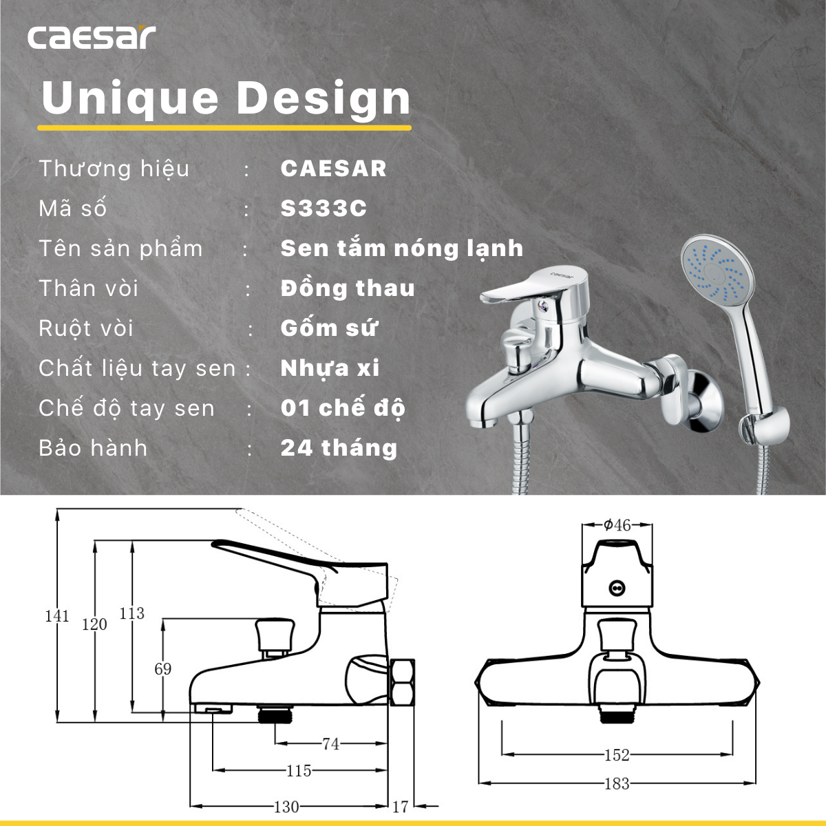 Bộ sen cây tắm đứng nóng lạnh Caesar BS124+S333C