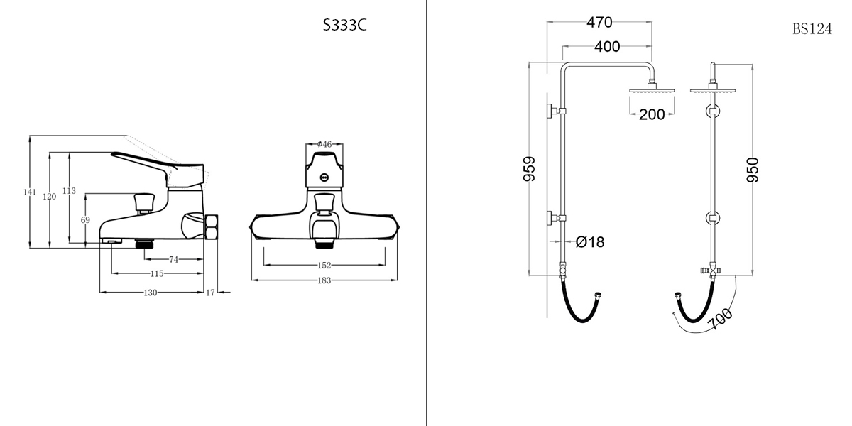 Bản vẽ kỹ thuật bộ sen cây tắm đứng nóng lạnh Caesar BS124 + S333C