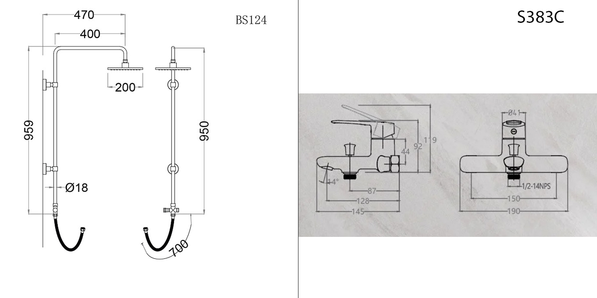 Bản vẽ kỹ thuật bộ sen cây tắm đứng nóng lạnh Caesar BS124 + S383C