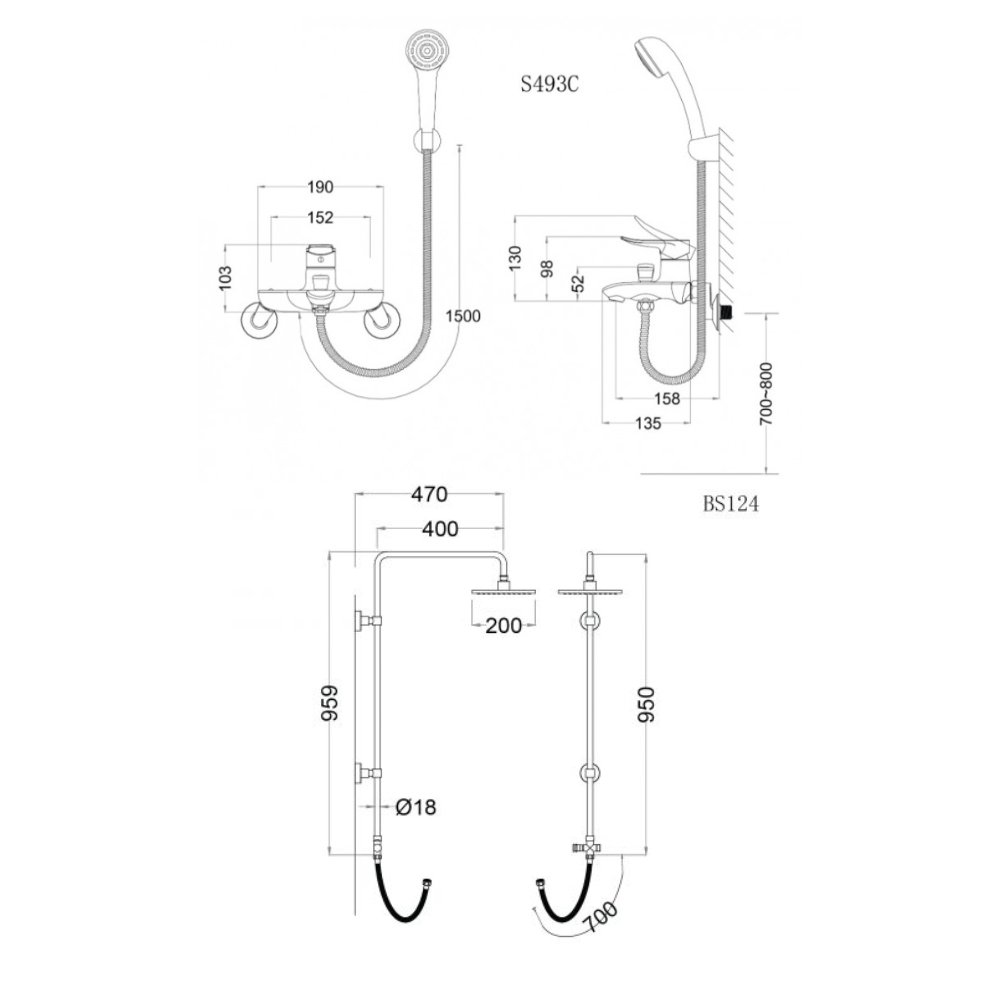 Bộ sen cây tắm đứng nóng lạnh Caesar BS124+S493C