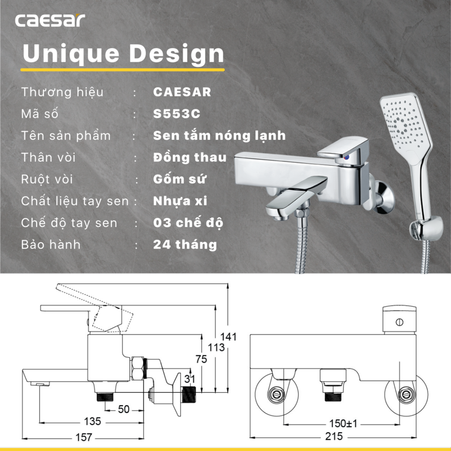 Bộ sen cây tắm đứng nóng lạnh Caesar BS124+S553C