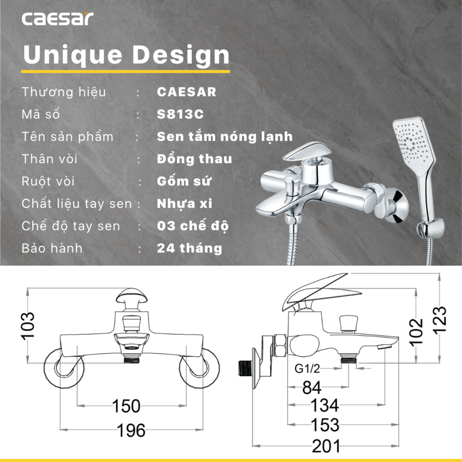 Bộ sen cây tắm đứng nóng lạnh Caesar BS124+S813C