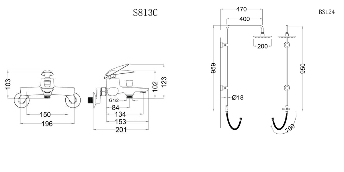 Bộ sen cây tắm đứng nóng lạnh Caesar BS124+S813C