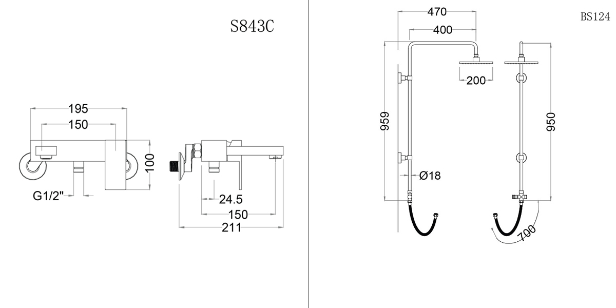 Bộ sen cây tắm đứng nóng lạnh Caesar BS124+S843C