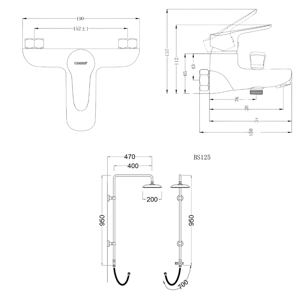 Bộ sen cây tắm đứng nóng lạnh Caesar BS125+S123C