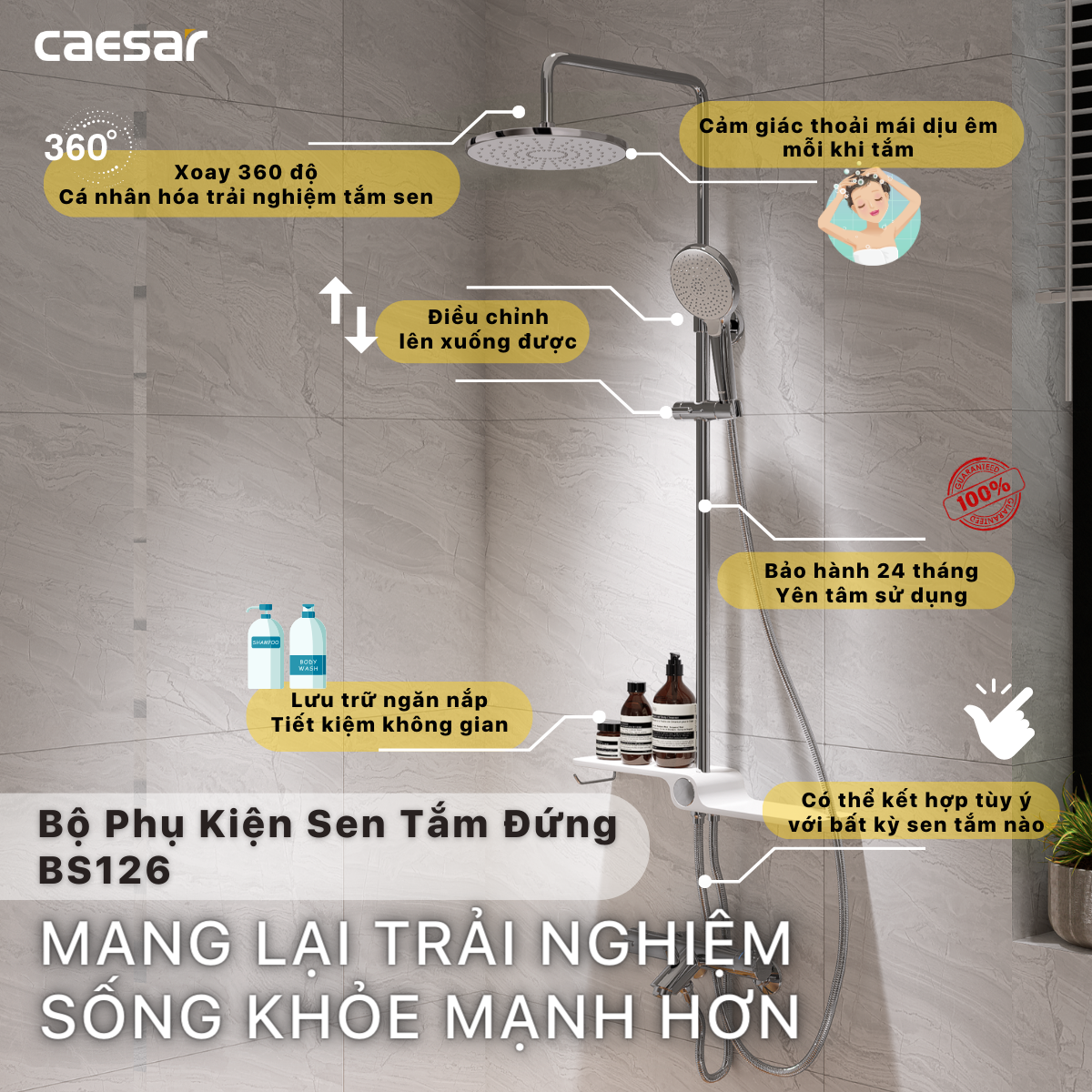 Bộ sen cây tắm đứng nóng lạnh Caesar BS126+S203C