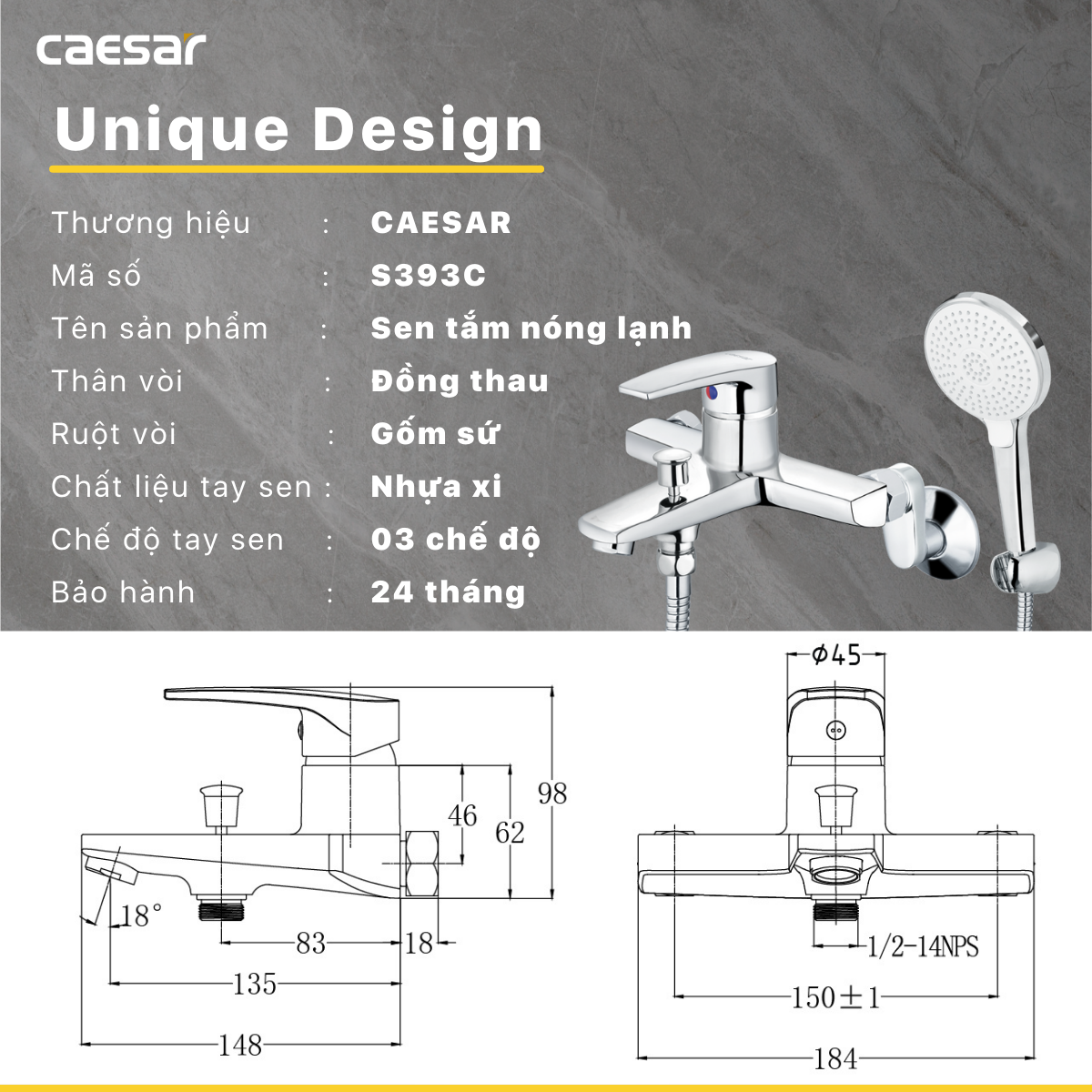 Bộ sen cây tắm đứng nóng lạnh Caesar BS126+S393C