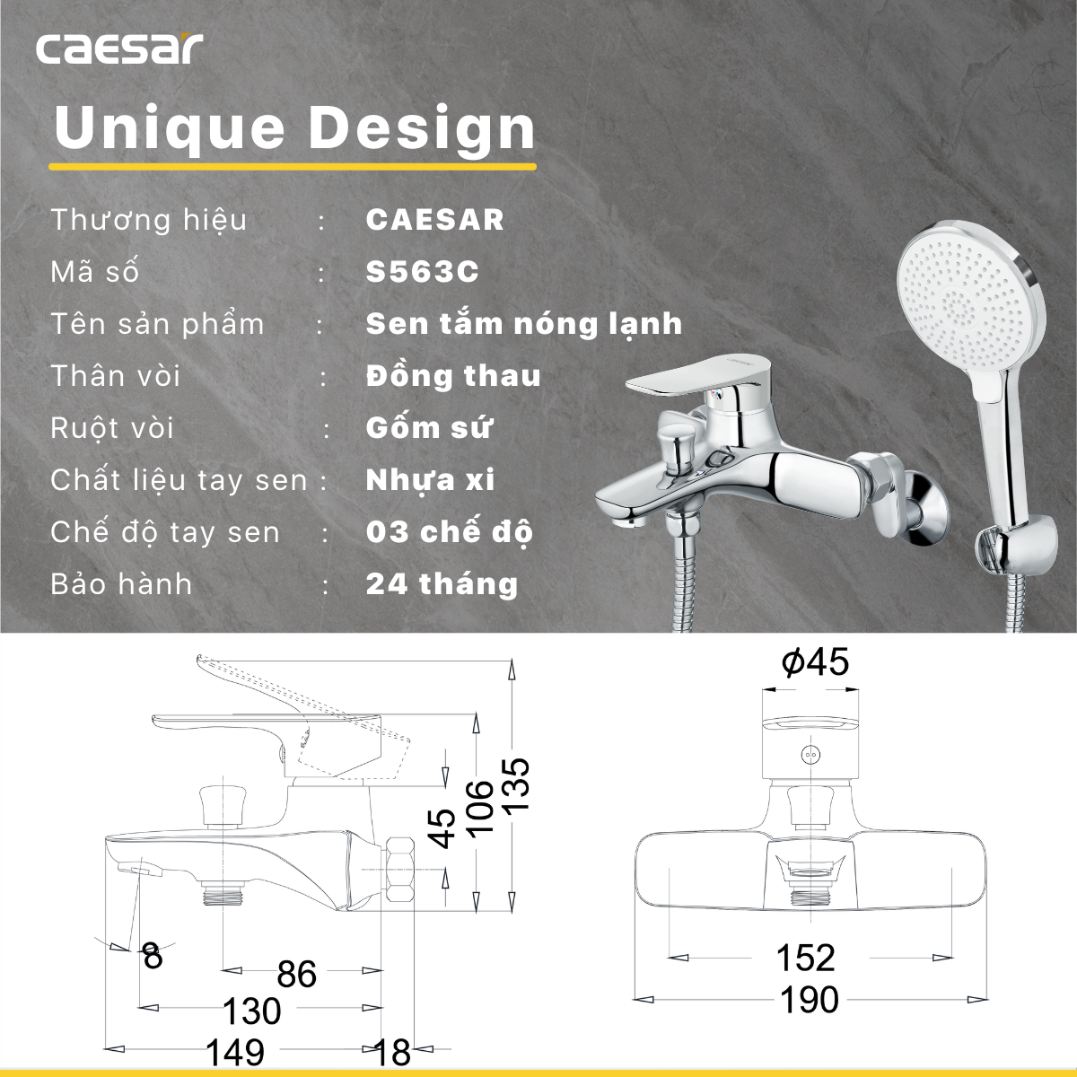 Bộ sen cây tắm đứng nóng lạnh Caesar BS126+S563C