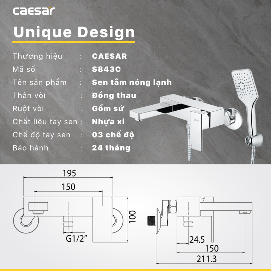 Bộ sen cây tắm đứng nóng lạnh Caesar BS126+S843C