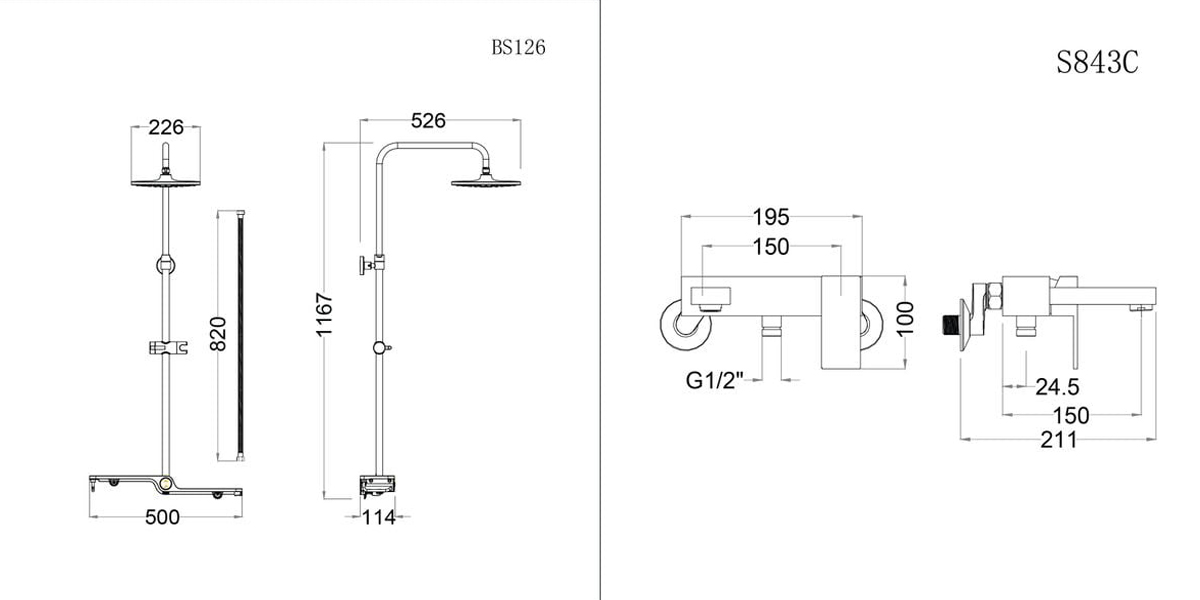 Bản vẽ kỹ thuật bộ sen cây tắm đứng nóng lạnh Caesar BS126 + S843C