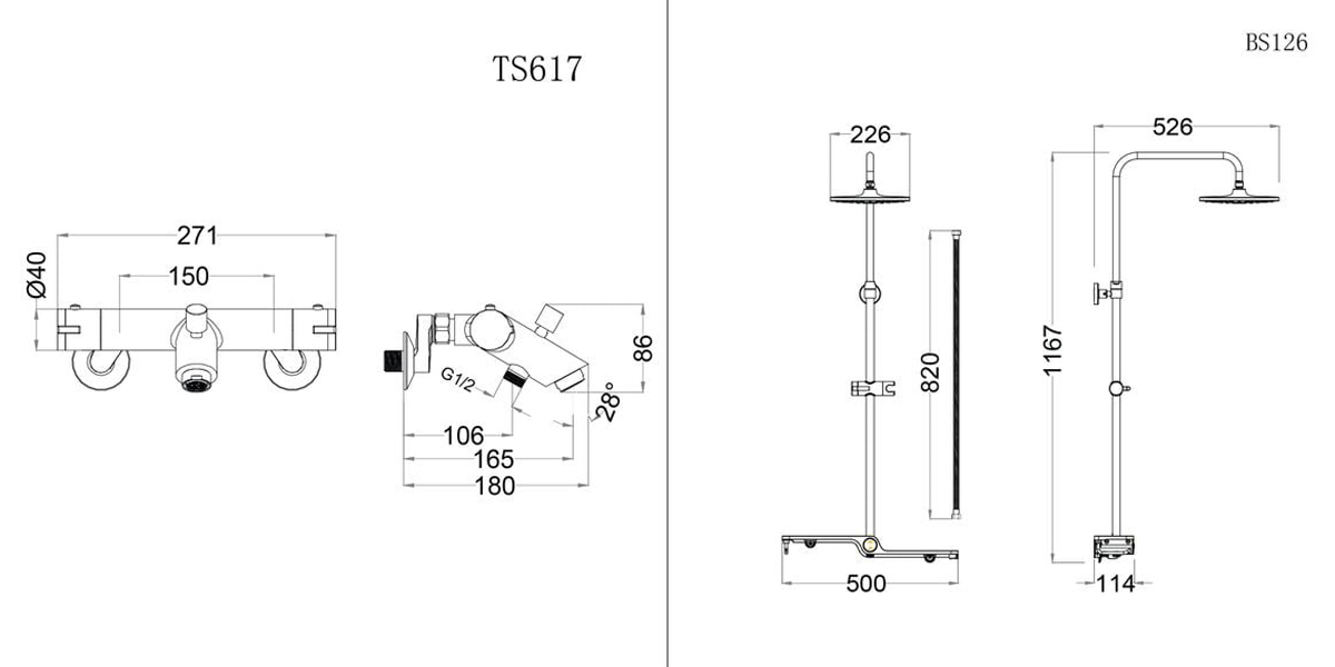 Bản vẽ kỹ thuật bộ sen cây tắm đứng nhiệt độ Caesar BS126 + TS617