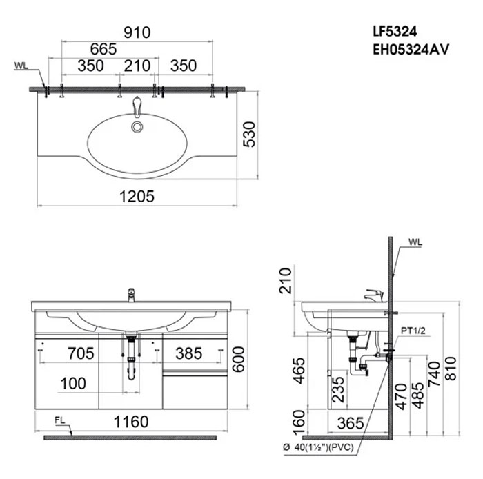 Tủ chậu cabinet treo màu trắng Caesar EH05324AV