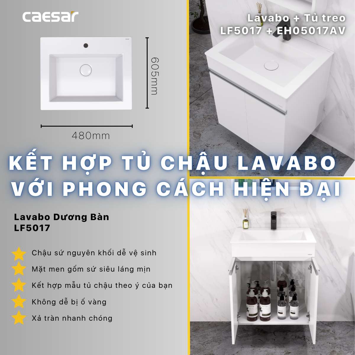 Bộ tủ chậu cabinet treo màu trắng Caesar LF5017+EH05017AV