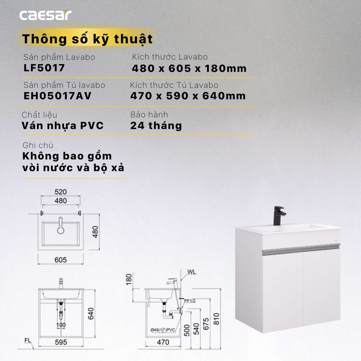 Bộ tủ chậu cabinet treo màu trắng Caesar LF5017+EH05017AV