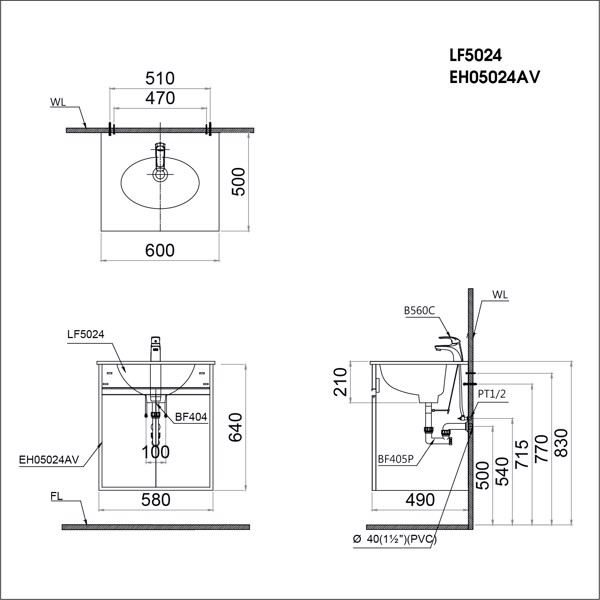 Bản vẽ kỹ thuật bộ tủ chậu lavobo CAESAR LF5024/EH15024AV