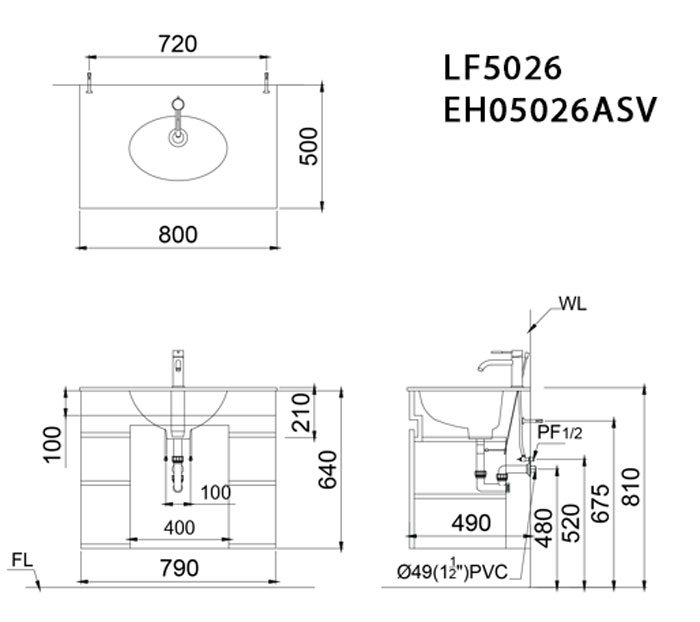 Bản vẽ kỹ thuật bộ tủ chậu CAESAR LF5026/EH05026ASV