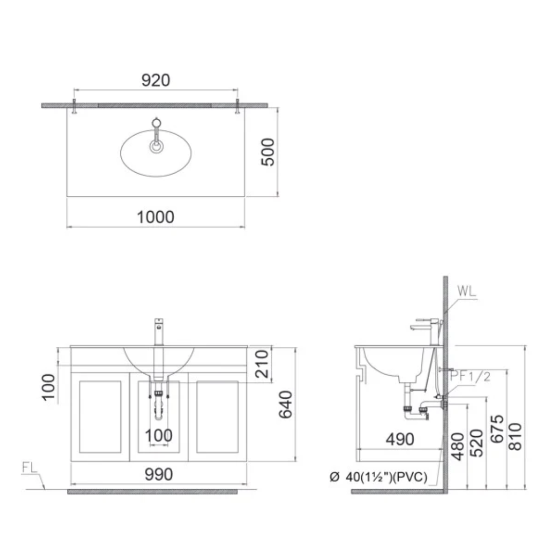 Bản vẽ kỹ thuật bộ tủ chậu cabinet CAESAR LF5028+EH15028AV