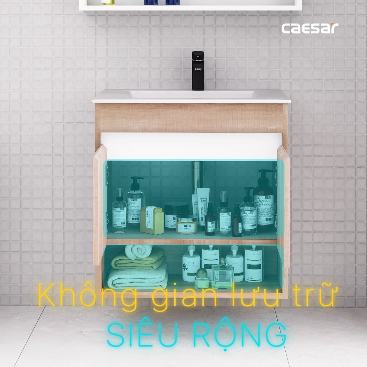Tủ chậu cabinet treo màu vân gỗ nhạt Caesar LF5030+EH15030AW7V