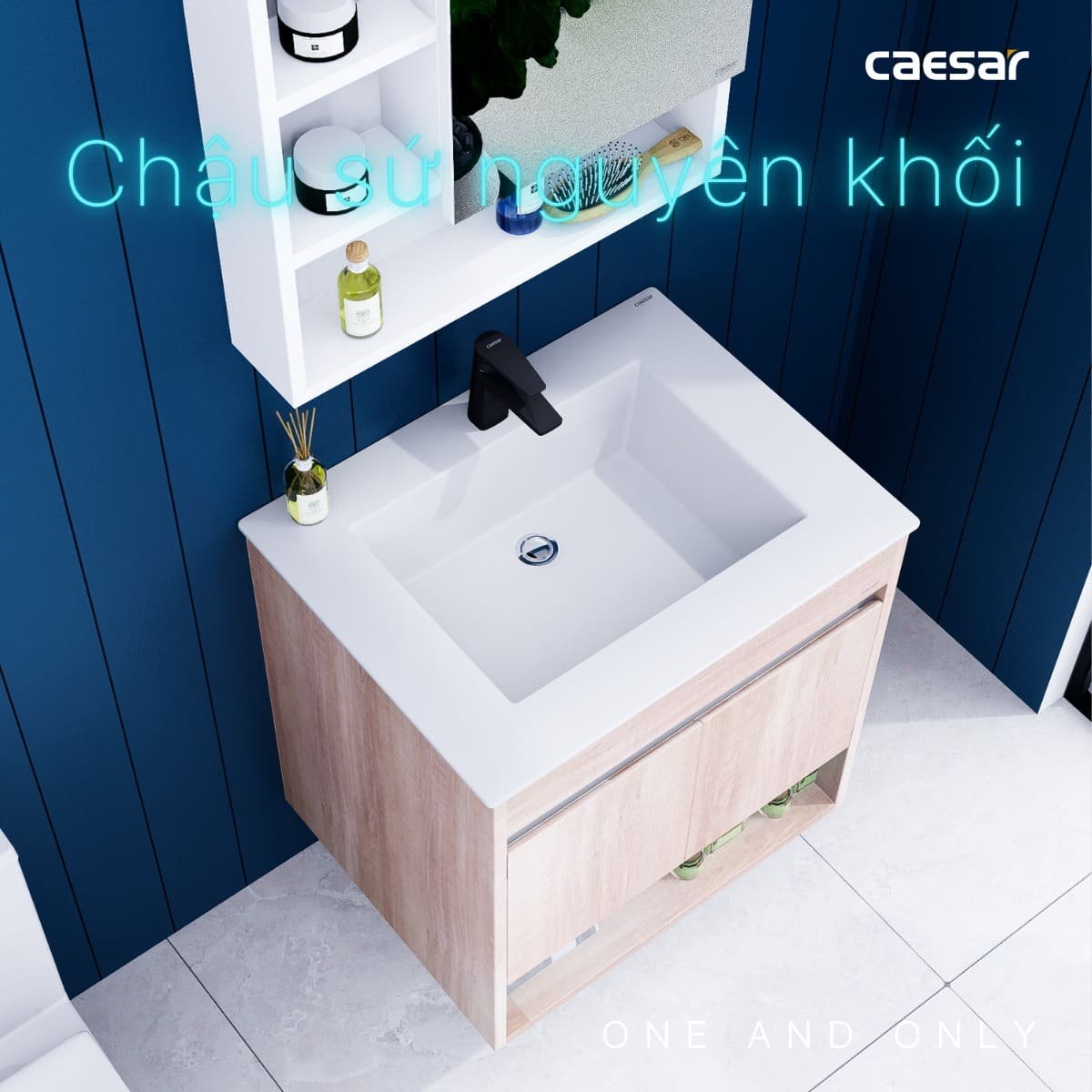 Tủ chậu cabinet treo màu vân gỗ nhạt Caesar LF5030+EH15030AW7V