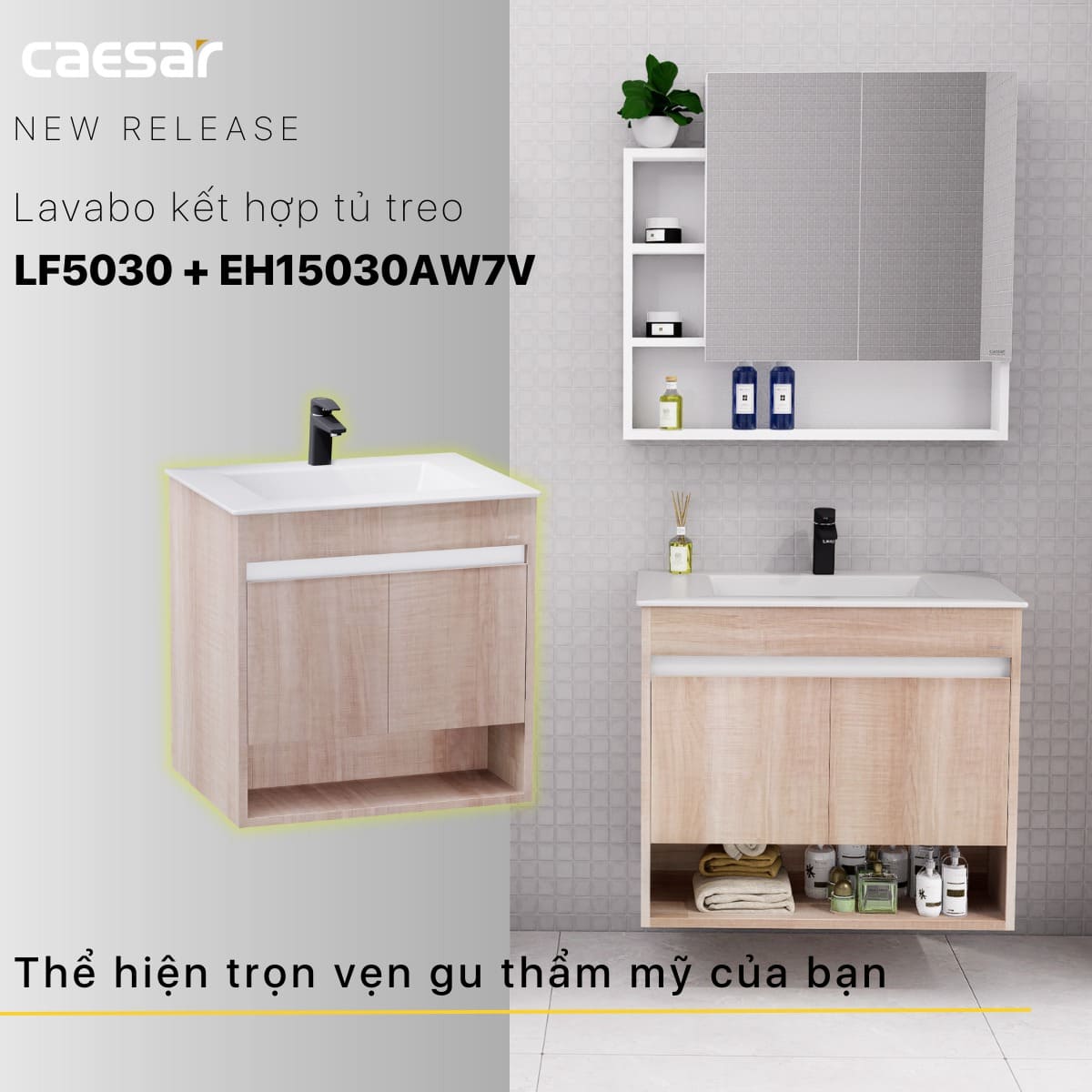 Tủ chậu cabinet treo màu vân gỗ nhạt Caesar LF5030+EH15030AW7V