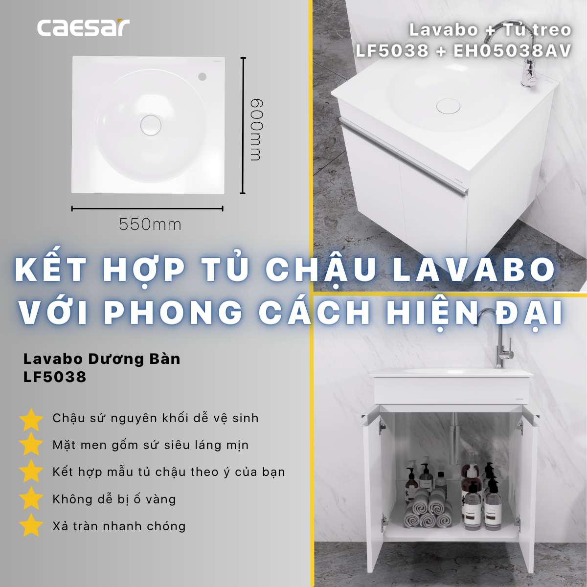 Bộ tủ chậu cabinet treo màu trắng Caesar LF5038+EH05038AV