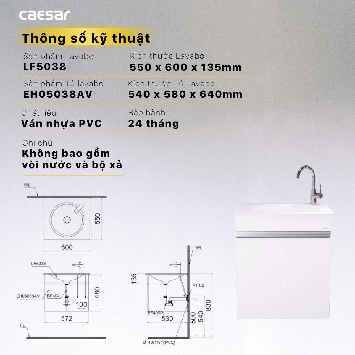Bộ tủ chậu cabinet treo màu trắng Caesar LF5038+EH05038AV