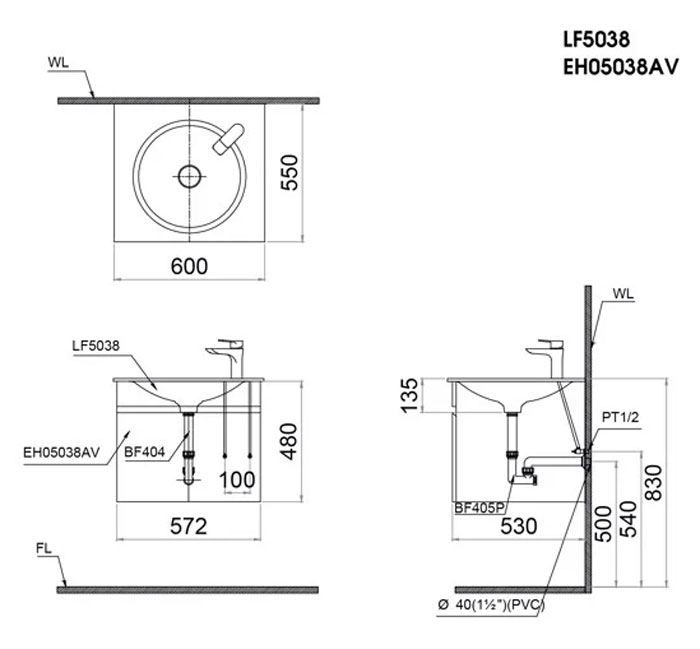 Bộ tủ chậu cabinet treo màu trắng Caesar LF5038+EH05038AV