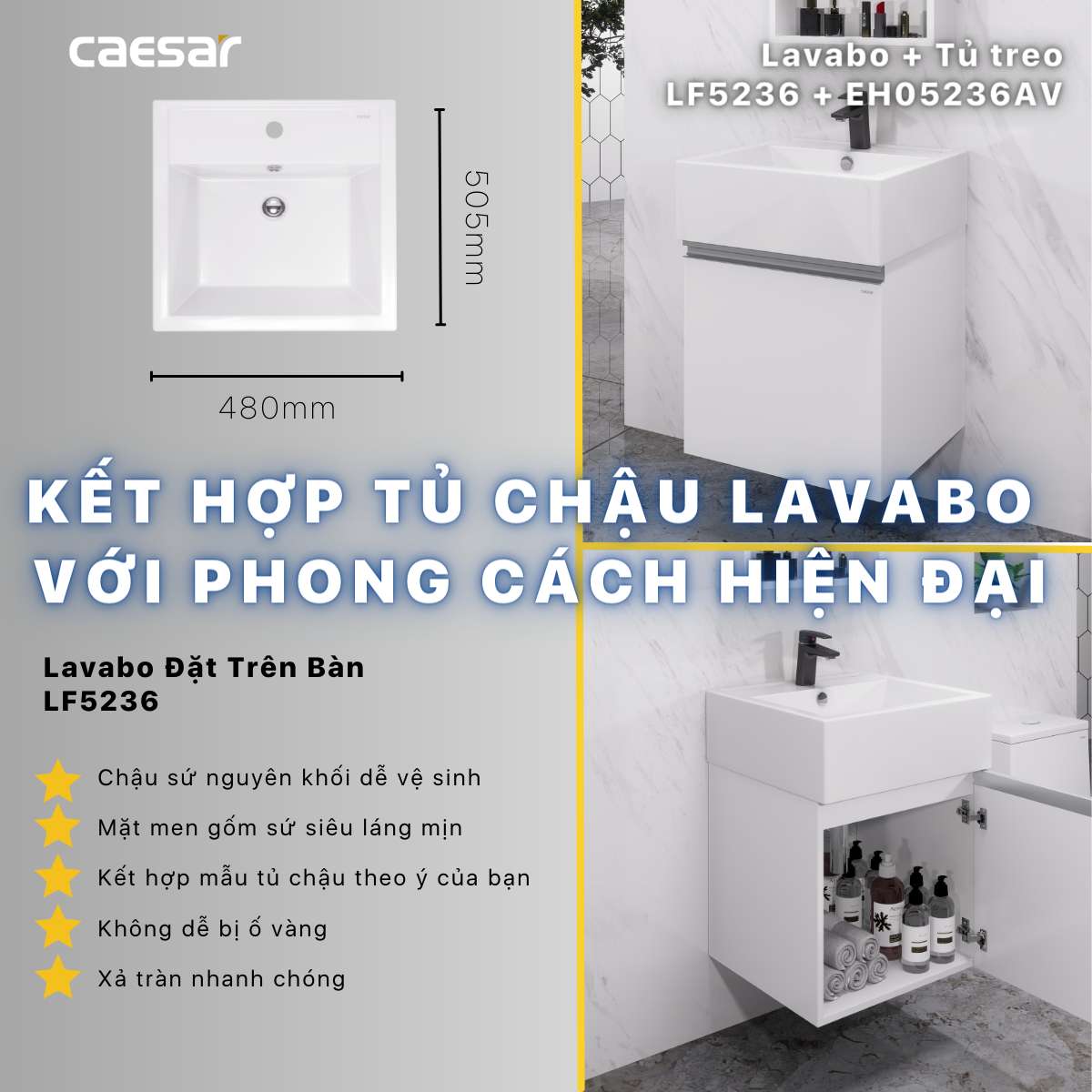 Bộ tủ chậu cabinet treo màu trắng Caesar LF5236+EH05236AV