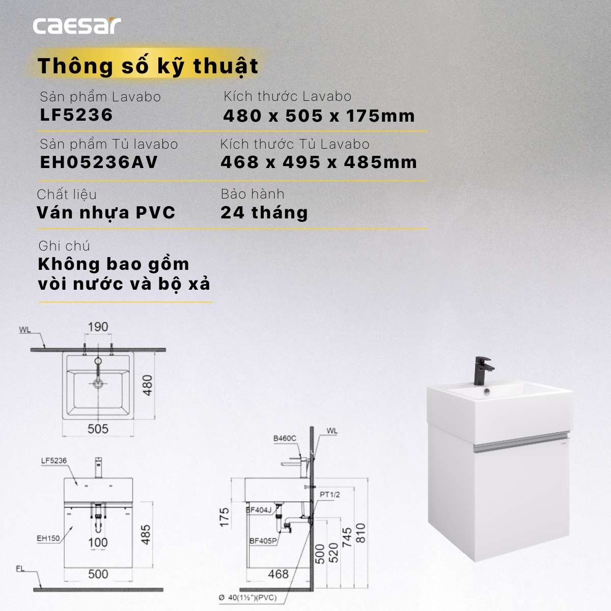 Bộ tủ chậu cabinet treo màu trắng Caesar LF5236+EH05236AV