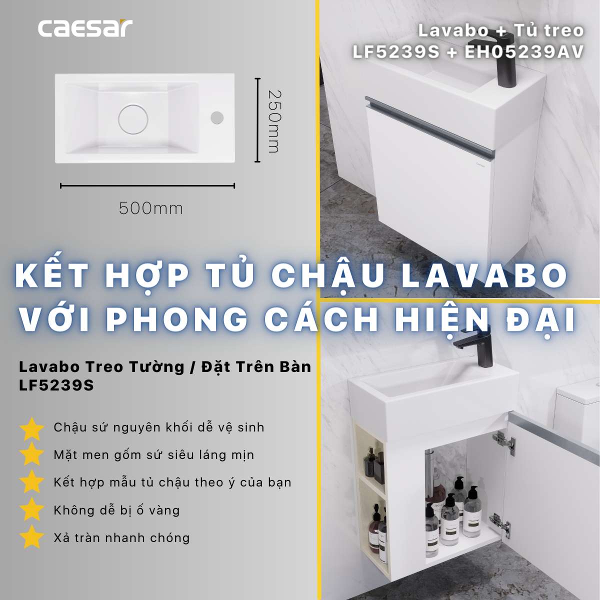 Bộ tủ chậu cabinet treo màu trắng Caesar LF5239S+EH05239AV