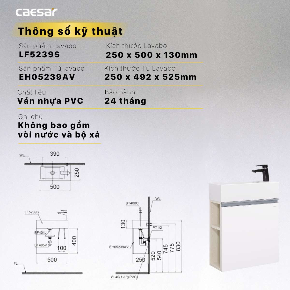 Bộ tủ chậu cabinet treo màu trắng Caesar LF5239S+EH05239AV