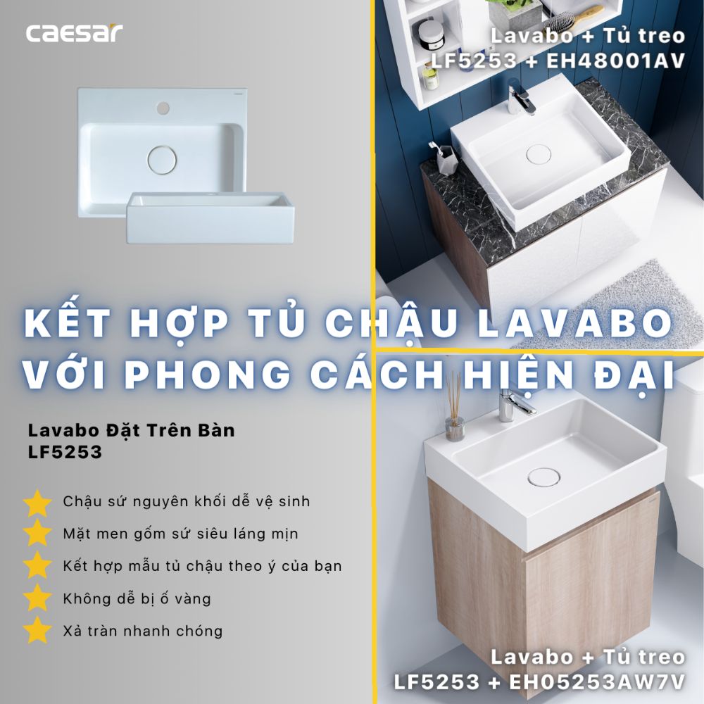Bộ tủ chậu cabinet treo vân gỗ Caesar LF5253+EH05253AW7V