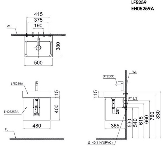 Bộ tủ chậu cabinet Caesar LF5259+EH05259ATGV