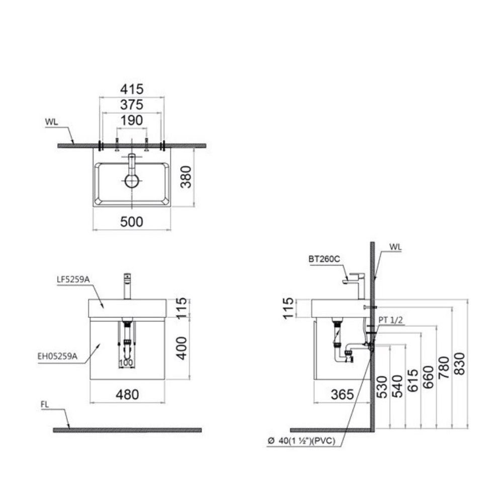 Bộ tủ chậu cabinet treo vân gỗ Caesar LF5259+EH05259AW7V