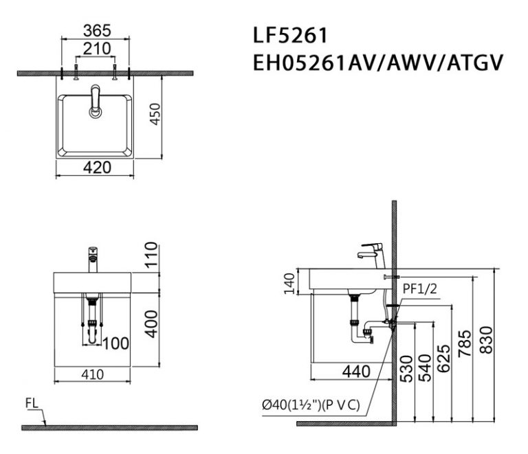 Bản vẽ kỹ thuật bộ tủ chậu rửa mặt CAESAR LF5261+EH05261AV