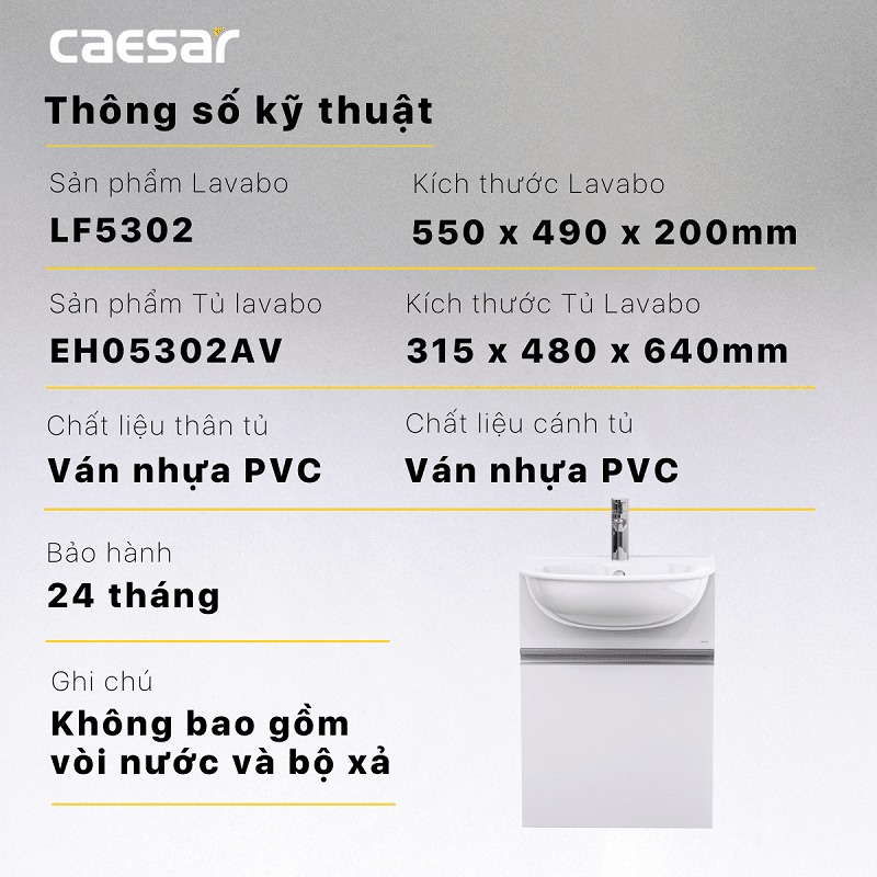 Bộ tủ chậu cabinet treo màu trắng Caesar LF5302+EH05302AV