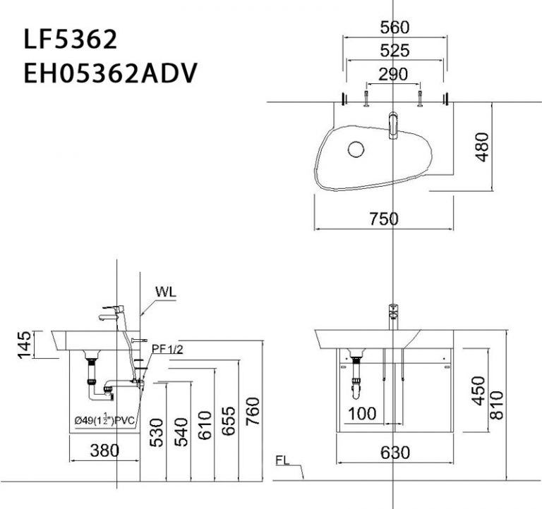 Bản vẽ kỹ thuật Bộ tủ chậu rửa mặt CAESAR LF5362+EH05362ADV