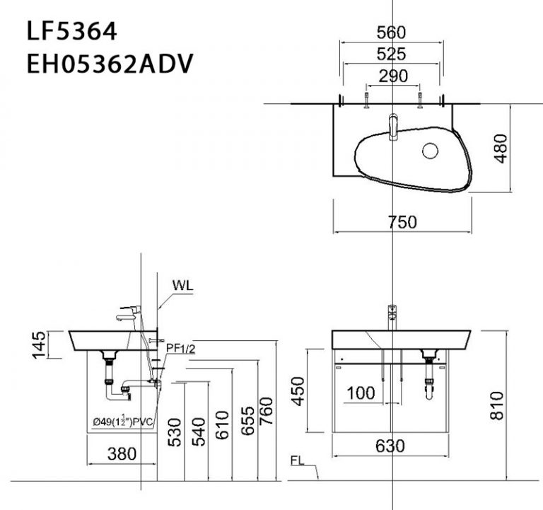 Bản vẽ kỹ thuật bộ tủ chậu CAESAR LF5364/EH05362ADV