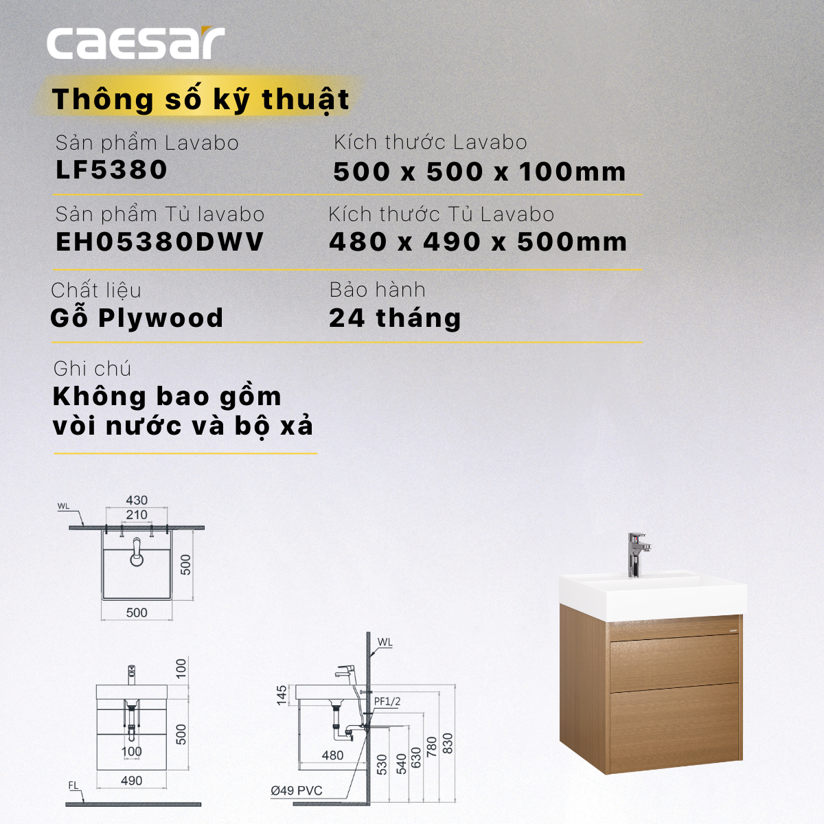 Bộ tủ chậu cabinet Caesar LF5380+EH05380DWV
