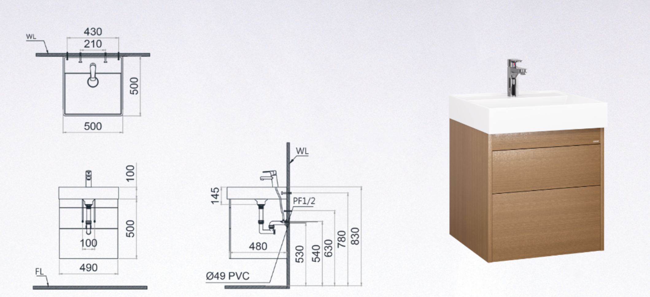 Bản vẽ kỹ thuật của bộ tủ chậu Caesar LF5380+EH05380DWV