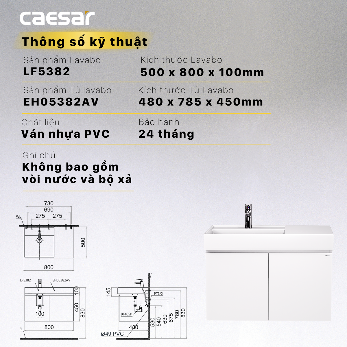 Tủ lavabo liền bàn Caesar LF5382+EH05382AV/ EH05382DWV