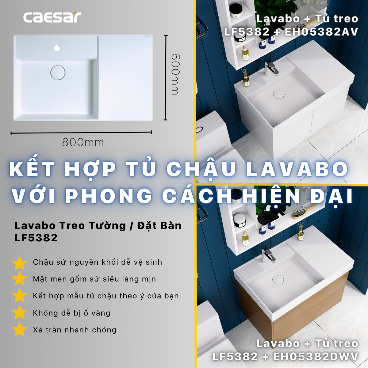 Tủ lavabo liền bàn Caesar LF5382+EH05382AV/ EH05382DWV