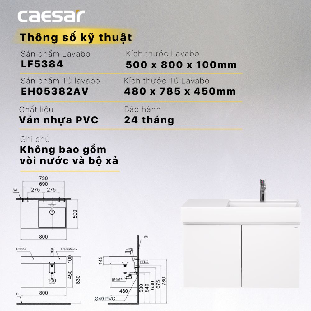 Bộ tủ lavabo Caesar LF5384+EH05382AV