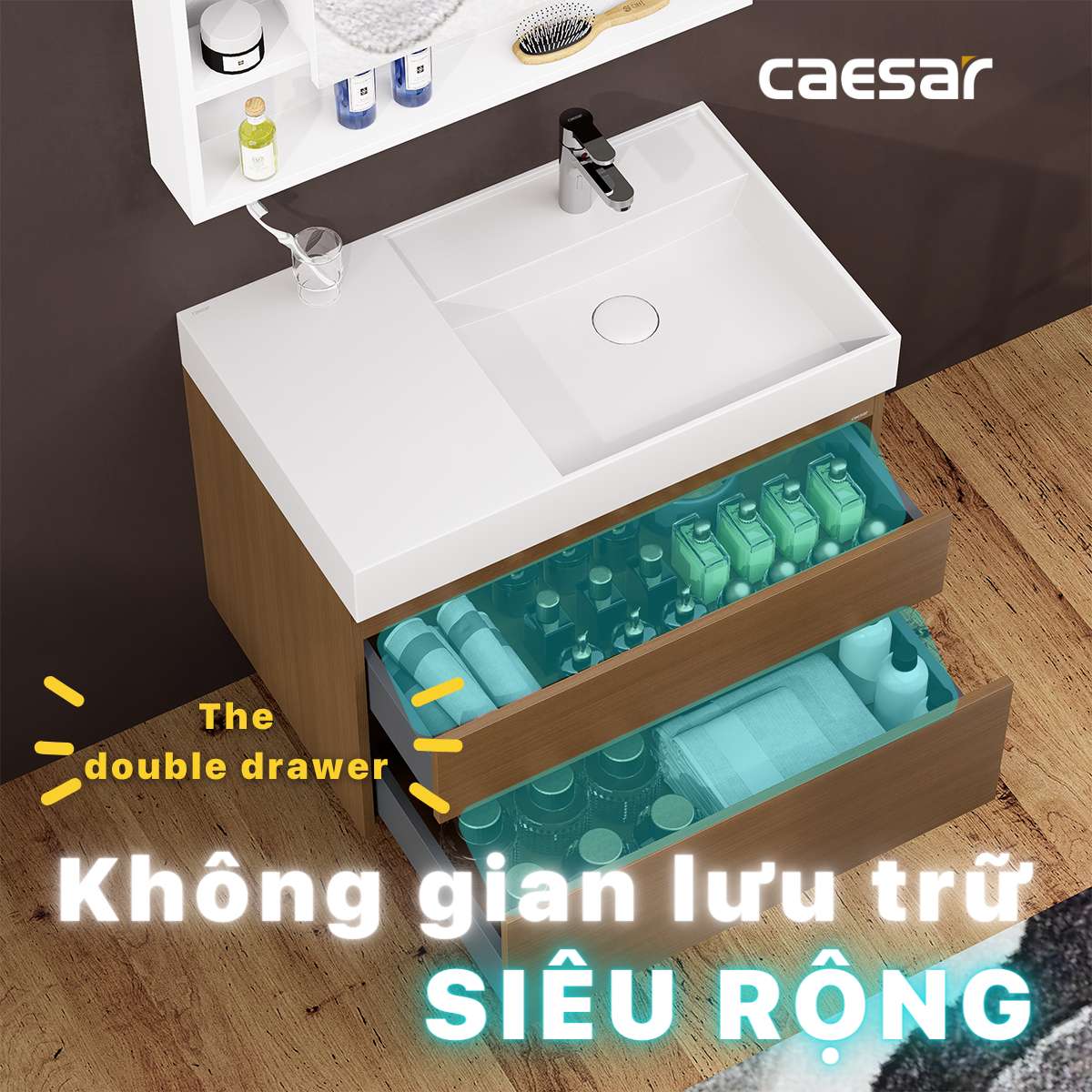 Bộ tủ chậu cabinet treo màu vân gỗ Caesar LF5384+EH05384DWV