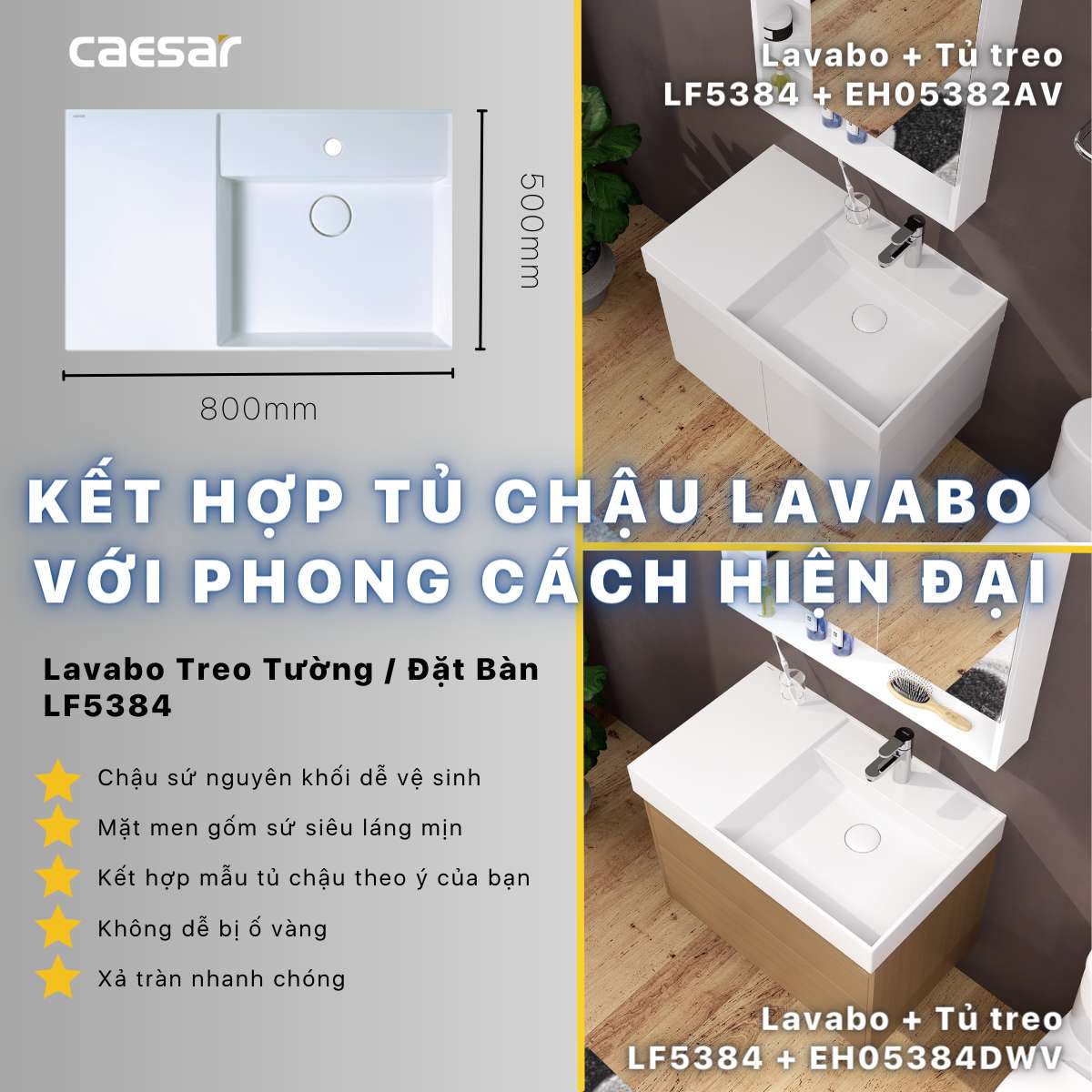 Bộ tủ chậu cabinet treo màu vân gỗ Caesar LF5384+EH05384DWV