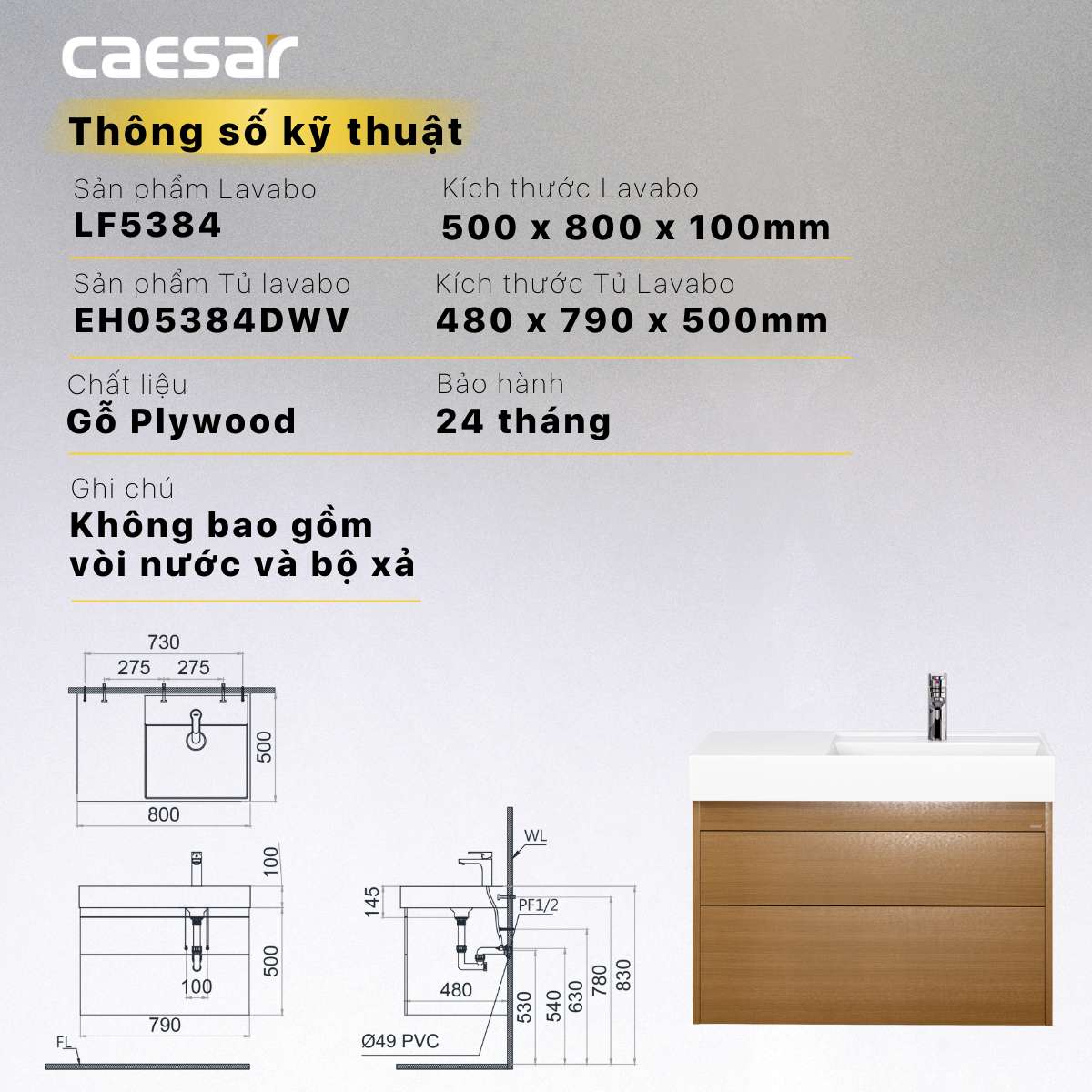 Bộ tủ chậu cabinet treo màu vân gỗ Caesar LF5384+EH05384DWV