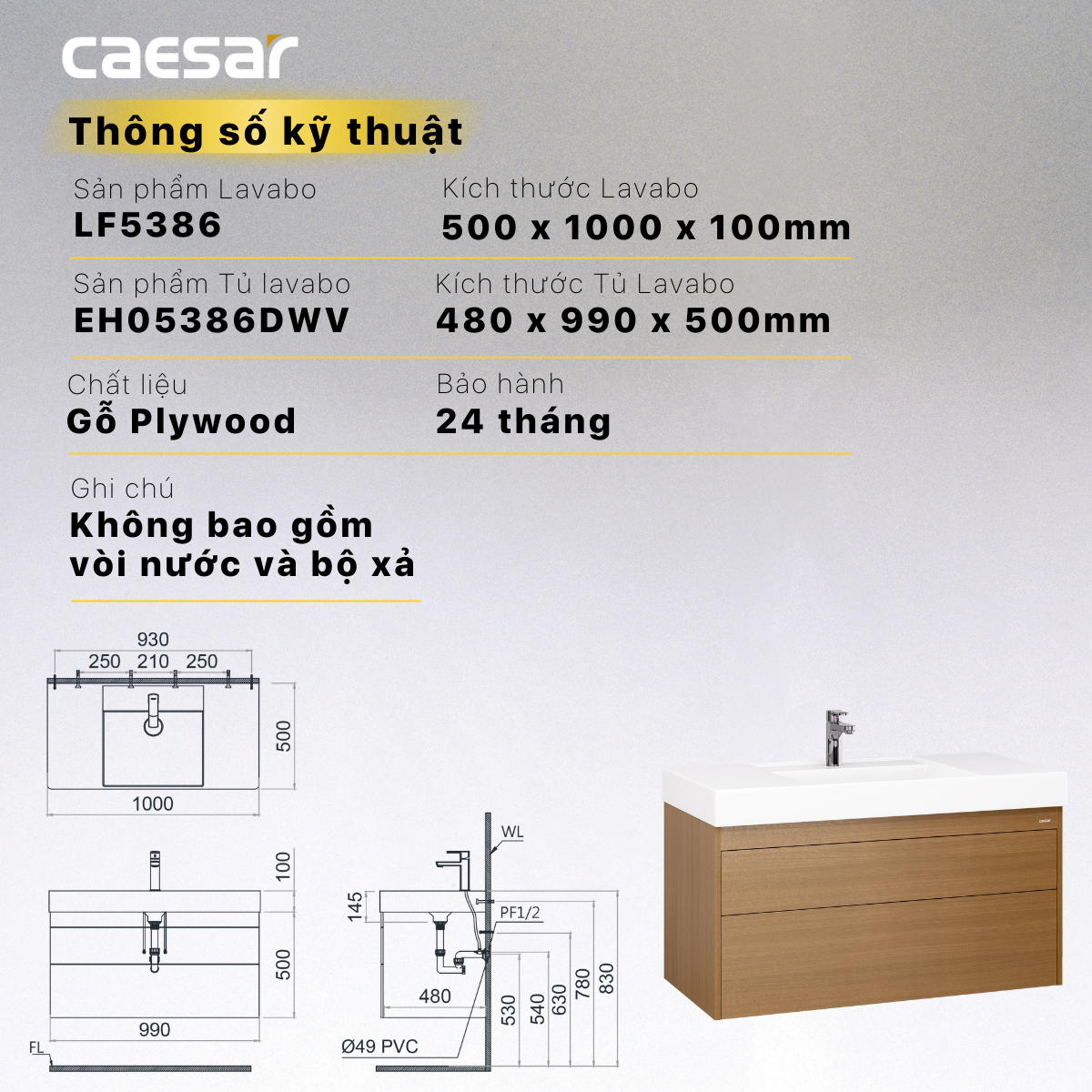 Bộ tủ chậu cabinet Caesar LF5386+EH05386DWV